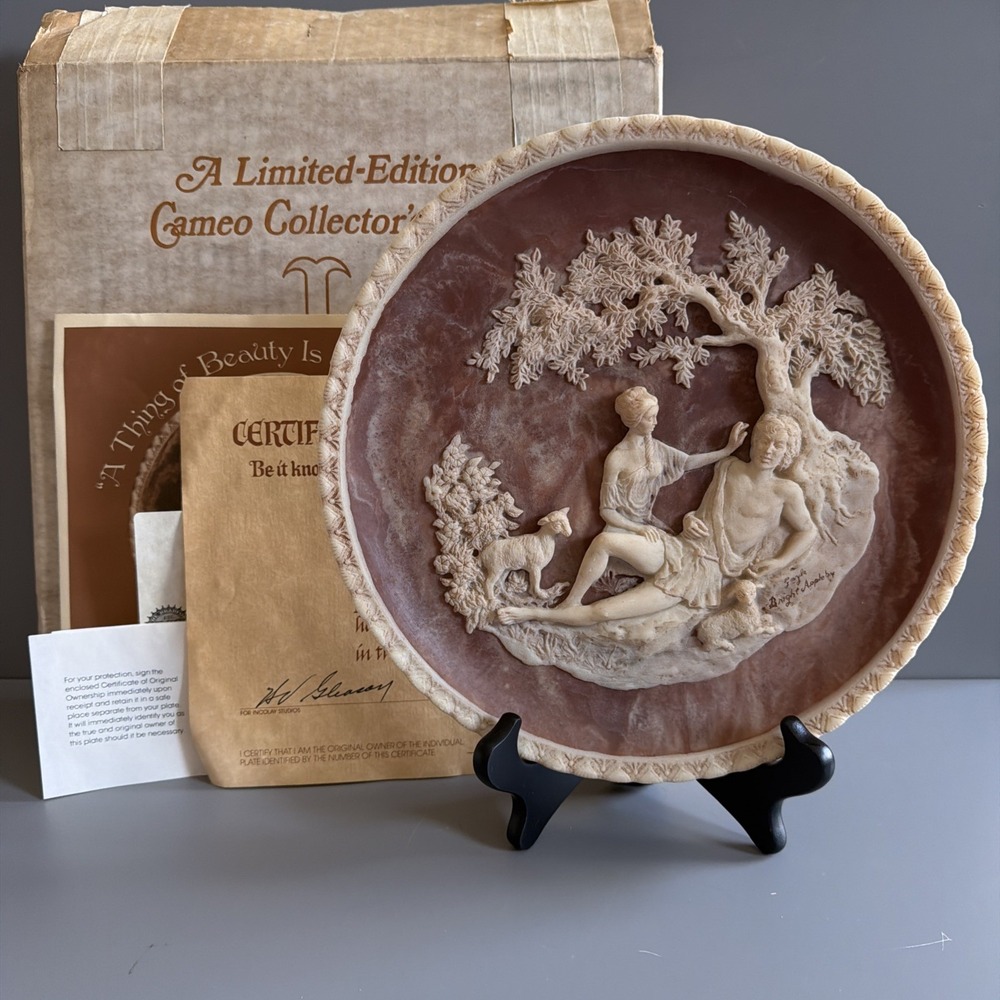 Vintage 1970s Incolay Stone Cameo Collector Plate- "A Thing of Beauty is a Joy"